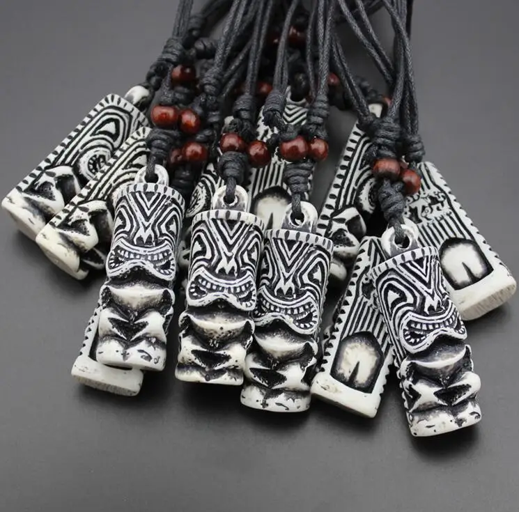 

Men's Tiki Necklace ethnic Tiki Pendant Necklace for women men lucky talisman imitation bone jewelry rope chain adjustable fj112