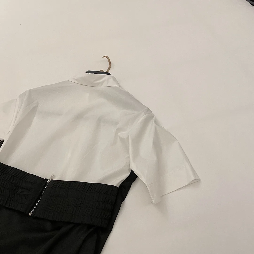 

2021 Spring Summer New Women's Luxury Classic Print Fashion Fake Two Lace Strap Splicing Black and White Long Shirt Dress A2
