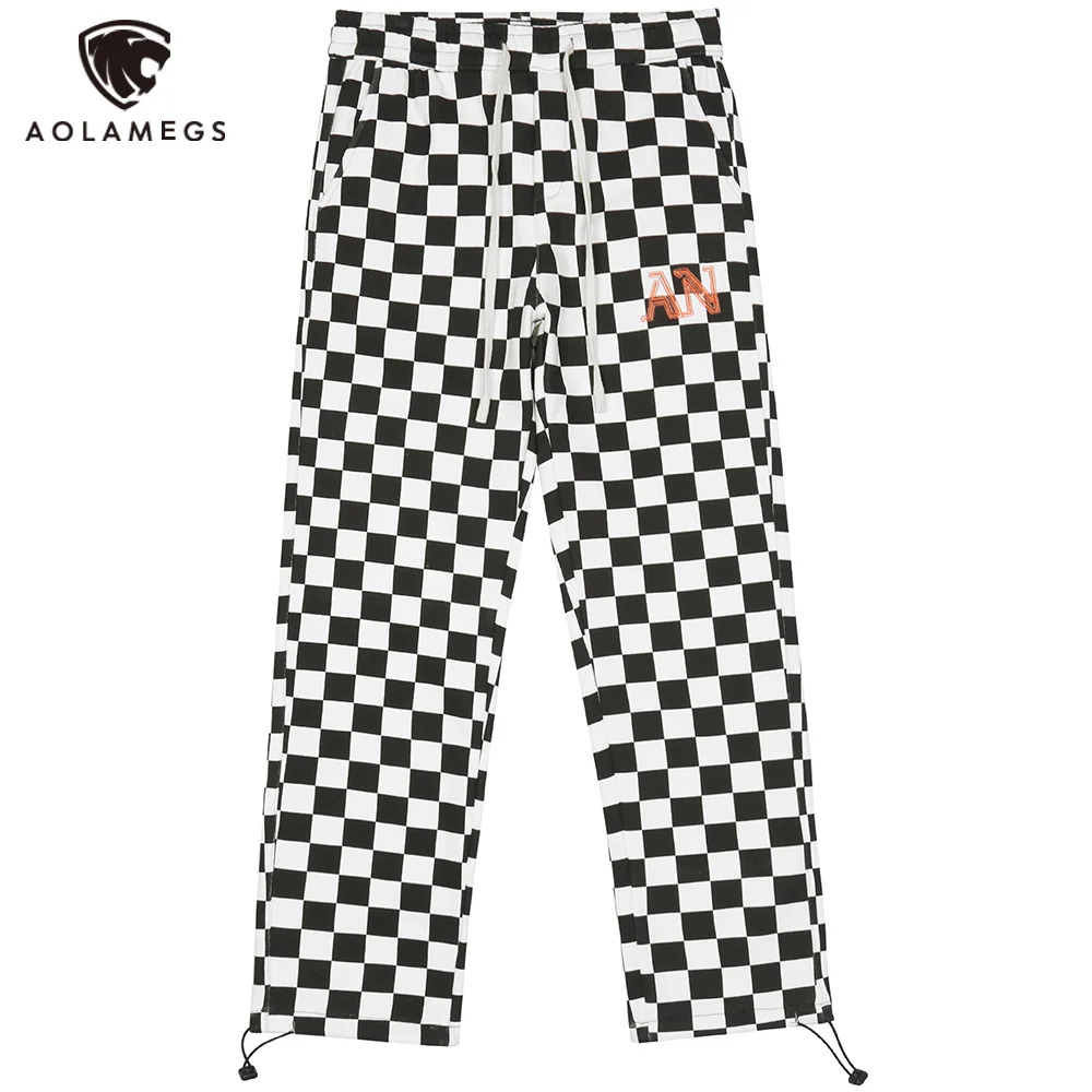 

Aolamegs Sweatpants Men Checkerboard Plaid Printed Drawstring Track Thick Fleece Pant Loose Fashion Harajuku Trousers Streetwear