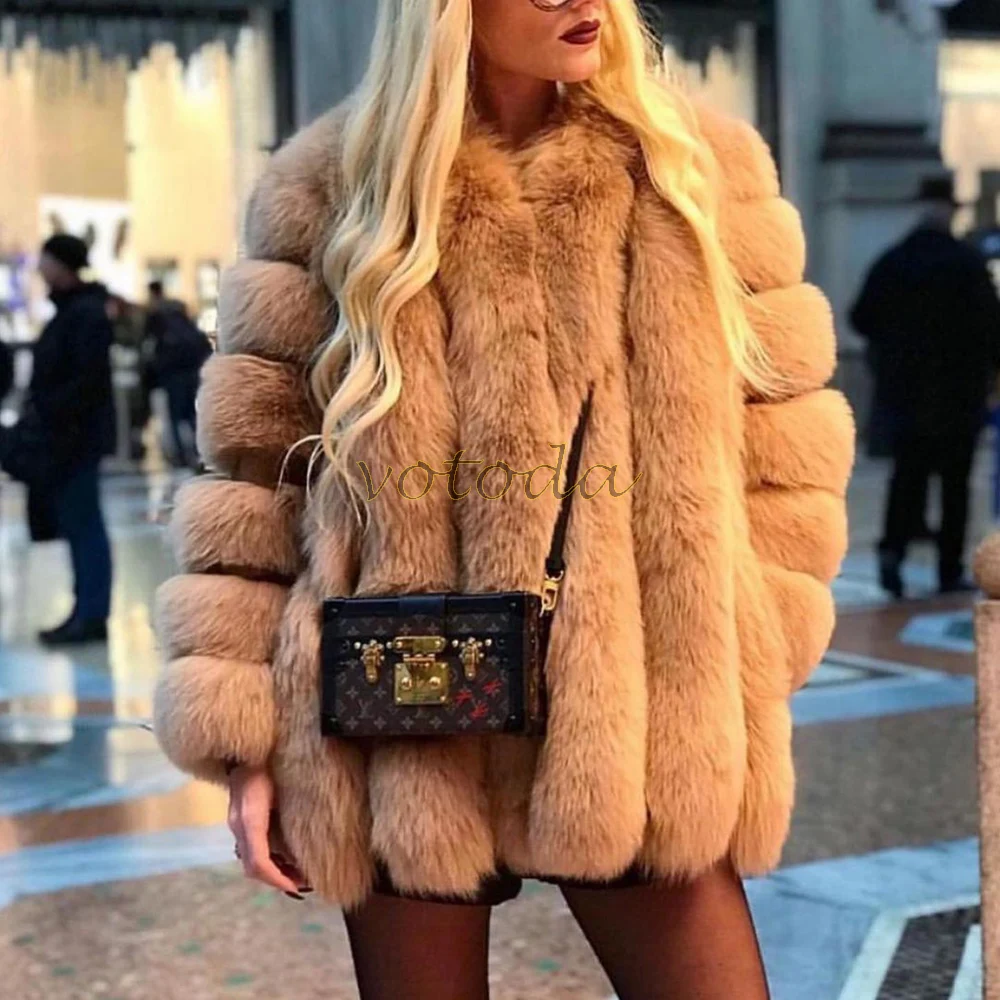 New Winter Warm Fur Coat Women's Furry Faux Fox Fur Jacket Sexy Luxury Fashion Overcoat Woman O-Neck Long Sleeve Fake Fur Jacket