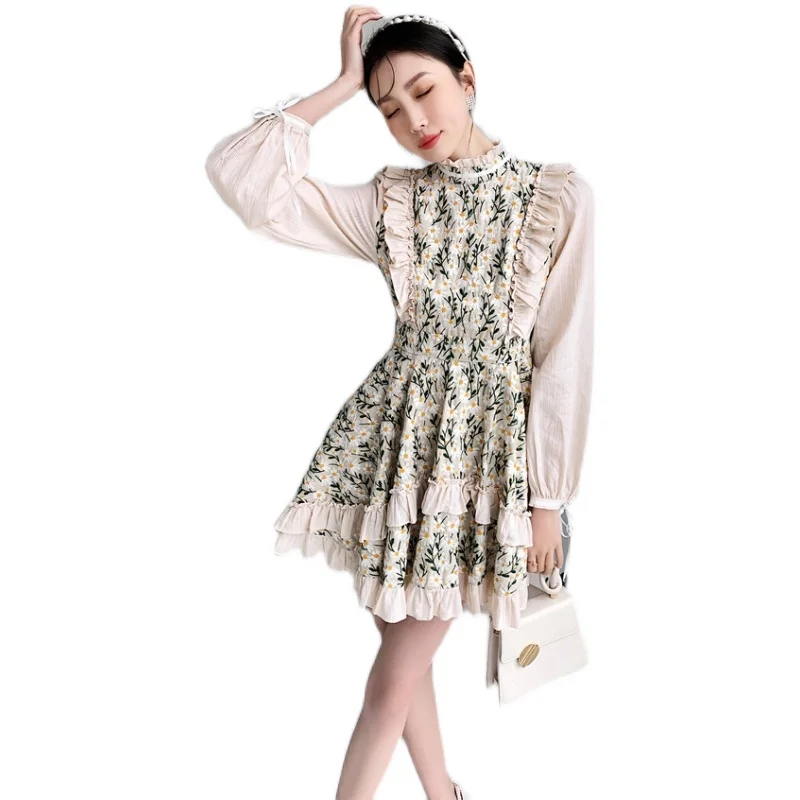 

LANMREM Women Printing Dress Stand Neck Long Sleeve Loose Fit Female Fashion Tide Spring Autumn 2021 New Arrivals 2E1929