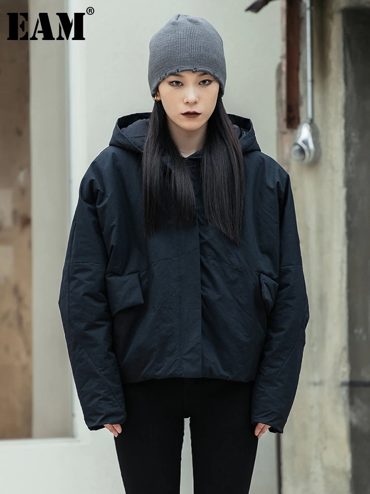 

[EAM] черное пальто большого размера с капюшоном и хлопковой подкладкой, Свободная Женская парка с длинным рукавом, модная новинка осень-зима ...