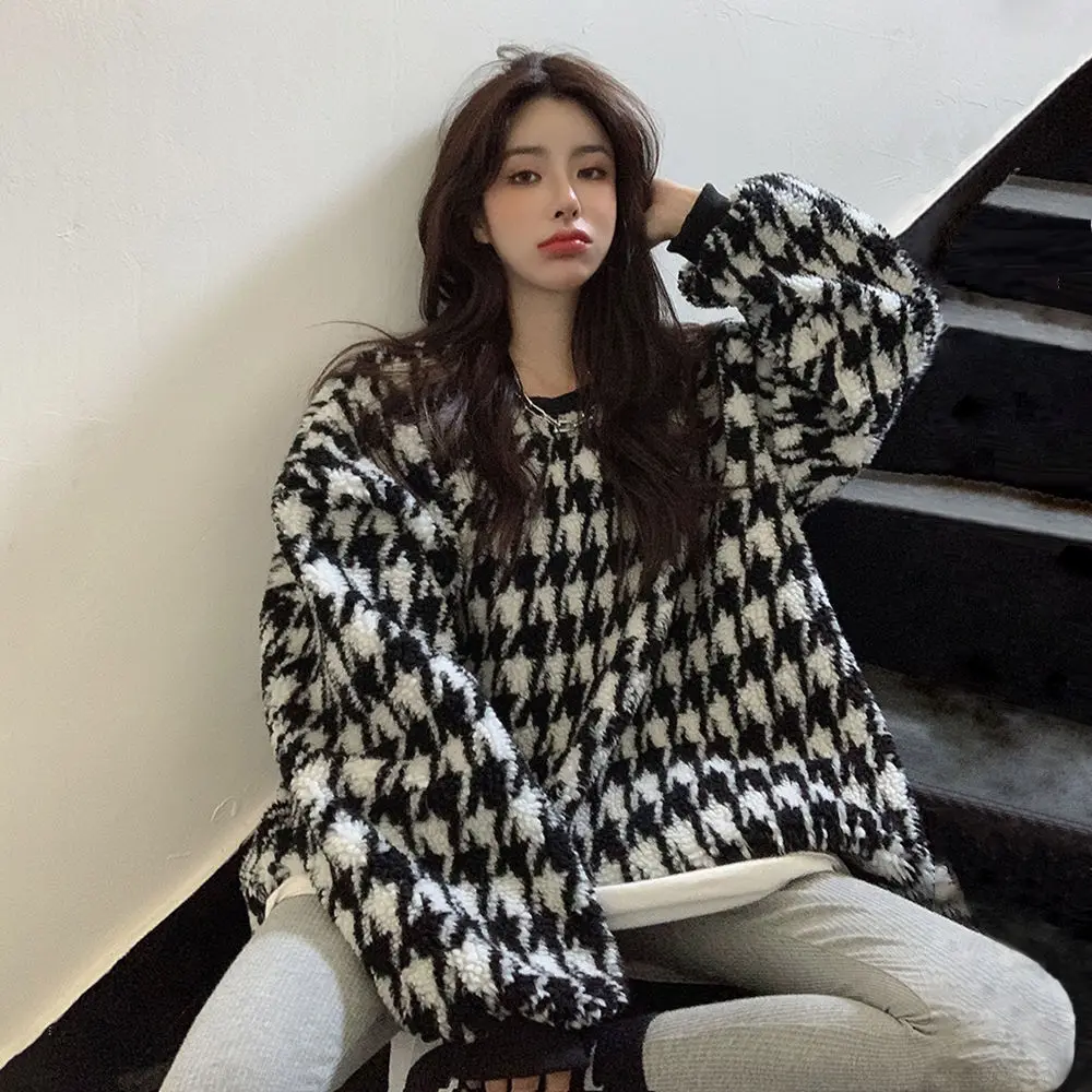 

Japanese version of college style pink diamond sweater female sweet girl oversized pullover patchwork Oneck green pullover cute