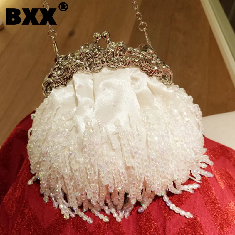 

[BXX] Женская Новая Винтажная Элегантная атласная Свадебная сумка с кисточками ручной работы, украшенная бисером, сумка чонсам, сумка для бан...