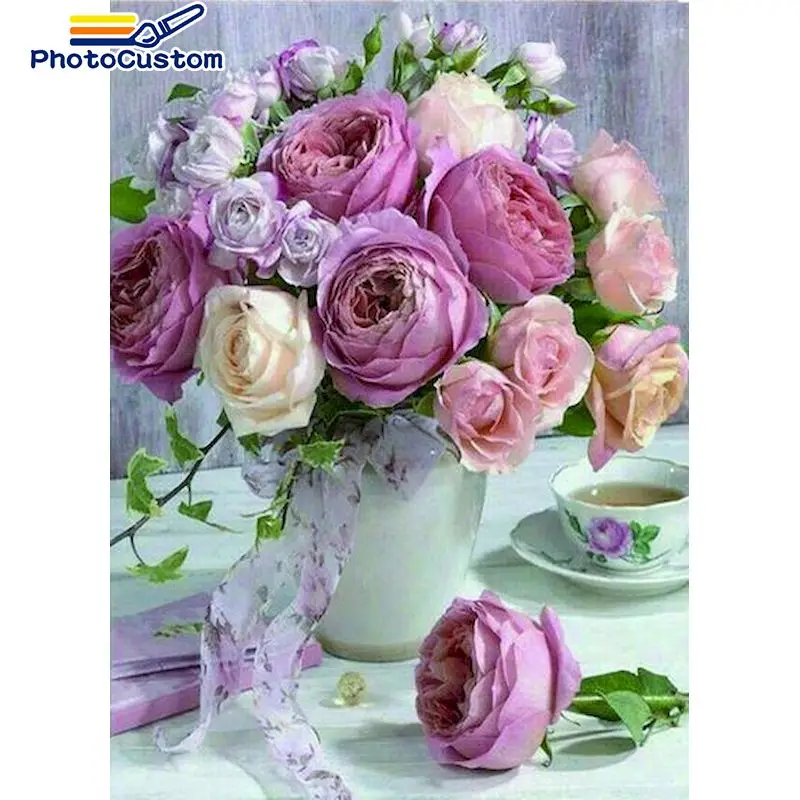 

PhotoCustom Painting By Number Rose flowers Drawing On Canvas HandPainted House Art Gift DIY Pictures By Number purper rose Kits