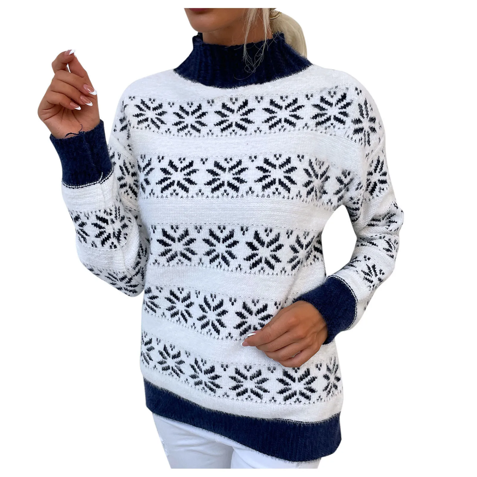 

Women's Christmas Color Block Knitwear Half High Neck Stripe Pullover Sweaters Jumper Tops Sweater Oversized