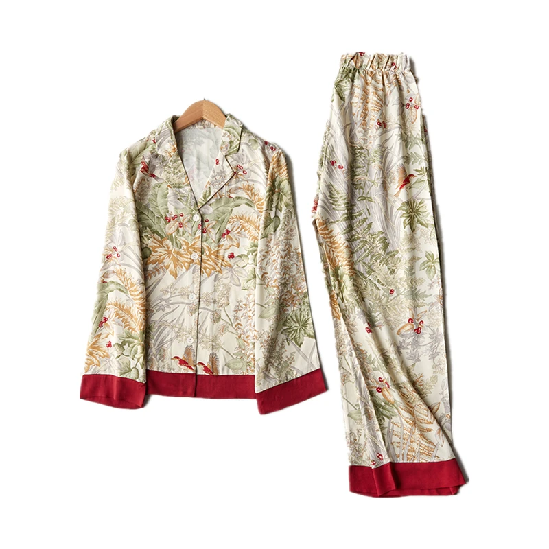 

Spring Summer Satin Pajama Set Green Grass Print Sleepwear Loungewear Women Turn-down Collar Homewear Pijama Can Be Worn Outside