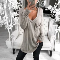 casual long shirts top 2020 spring new womens t shirts with pocket female solid loose tee shirt big sizes 3xl deep v neck shirt