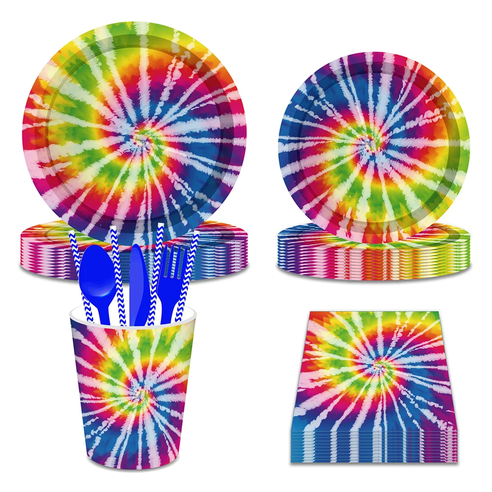 

Happy Birthday Party Rainbow Tie Dye Carnival Festival Theme Disco Night Disposable Tableware Sets Baby Shower Party Decorations