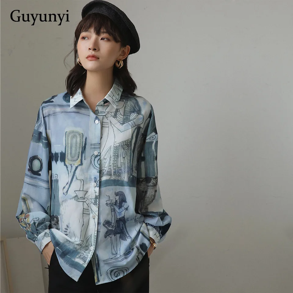 Повседневная Блузка в английском стиле осень 2019 винтажная с мультяшным принтом