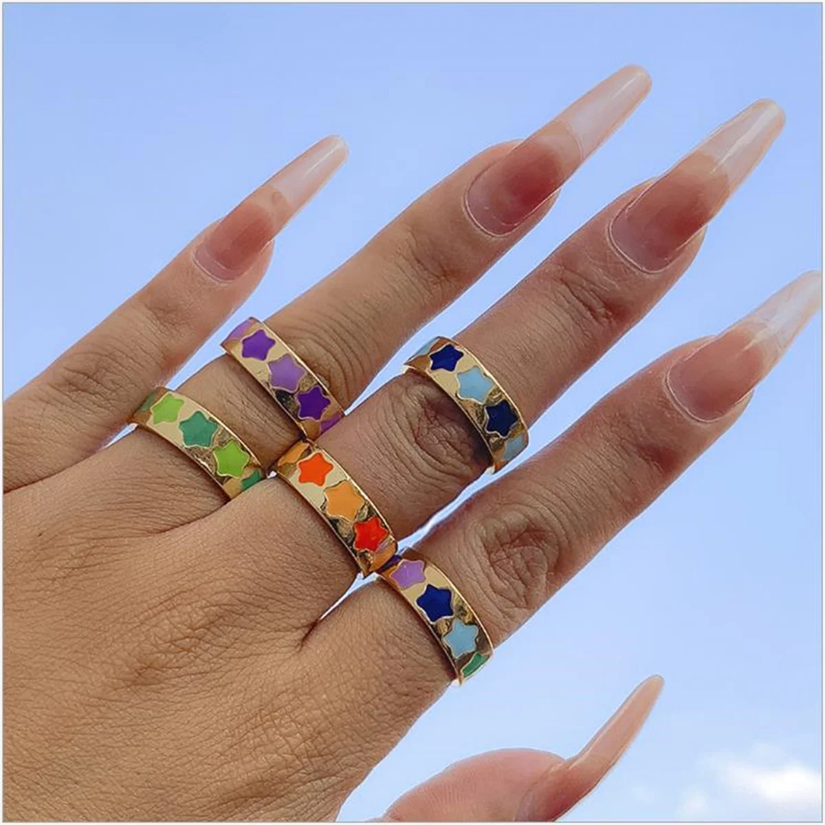 

Fashion New Korean Macaron Color Drip Ring Vintage Star Love Open Gold Color Ring For Women Elegant Party Jewelry Accessories