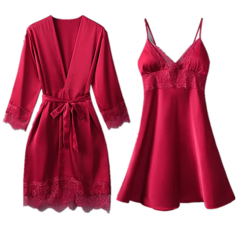 Blue Lace Sexy Nightwear Kimono Bathrobe Gown Satin Women Sleepwear Intimate Lingerie Home Clothing 2021 New 2PCS Sleep Set