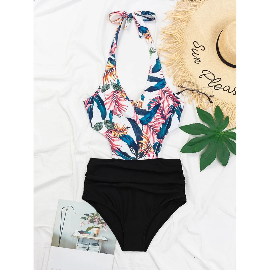 

Sexy Halter One Piece Swimsuit Women 2021 Swimwear Female High Waist Bikini Patchwork Swimming for Bathing Suit Women's Monokini