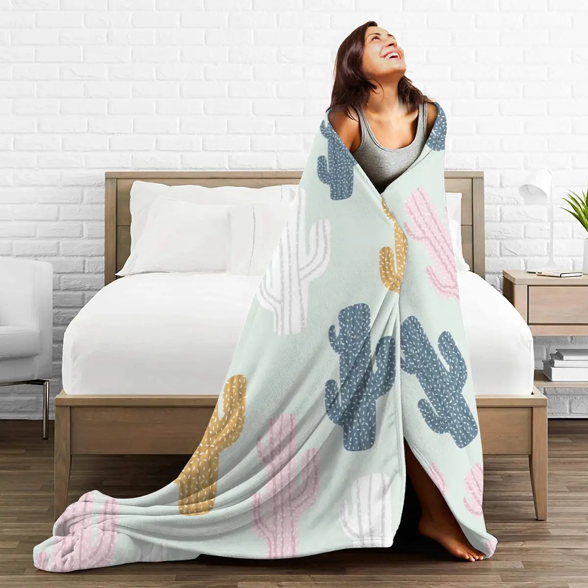 

Soft Warm Fleece Blanket Cactuses Pattern Winter Sofa Plaid Throw 3 Size Light Thin Mechanical Wash Flannel Blankets
