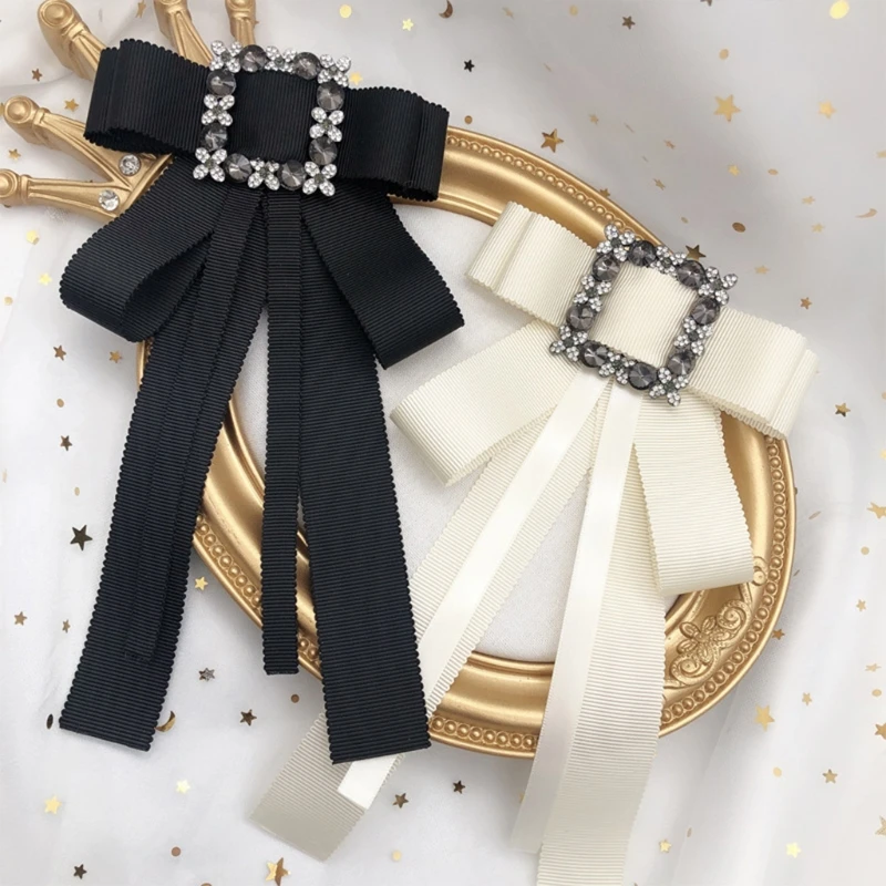 

Women Adjustable Vintage Rhinestone Buckle Bow Tie Brooch Luxury Jewelry Uniform Shirt Collar Pin Long Ribbon Bowknot Necktie