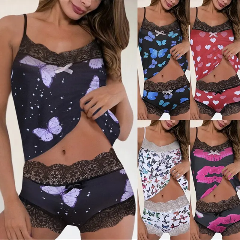 

Butterfly Print Women's Pajamas Set V-Neck Stretch Satin Babydoll Lace Sexy Lingerie Sleepwear Pajamas Home Wear Night Wear