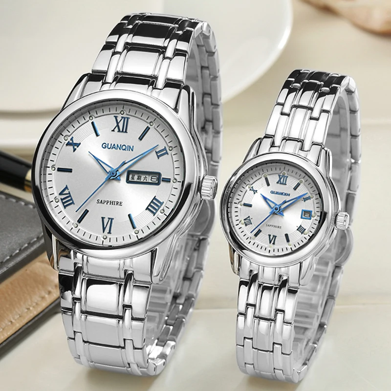 GUANQIN, пара часов, набор, Роскошные, нержавеющая сталь, для мужчин, женщин, для влюбленных, часы, дата, неделя, для мужчин, для девушек, наручные часы, кварцевые часы, часы