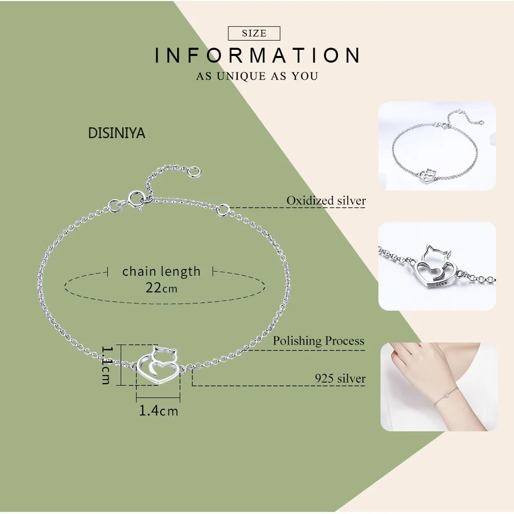 Женский браслет цепочка с котом и сердцем из серебра 100% пробы|Цепочки браслеты| |