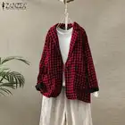 Топы, Женская Осенняя блузка ZANZEA 2021, винтажные клетчатые рубашки, повседневные тонкие пальто с длинным рукавом, женские блузы на пуговицах с лацканами