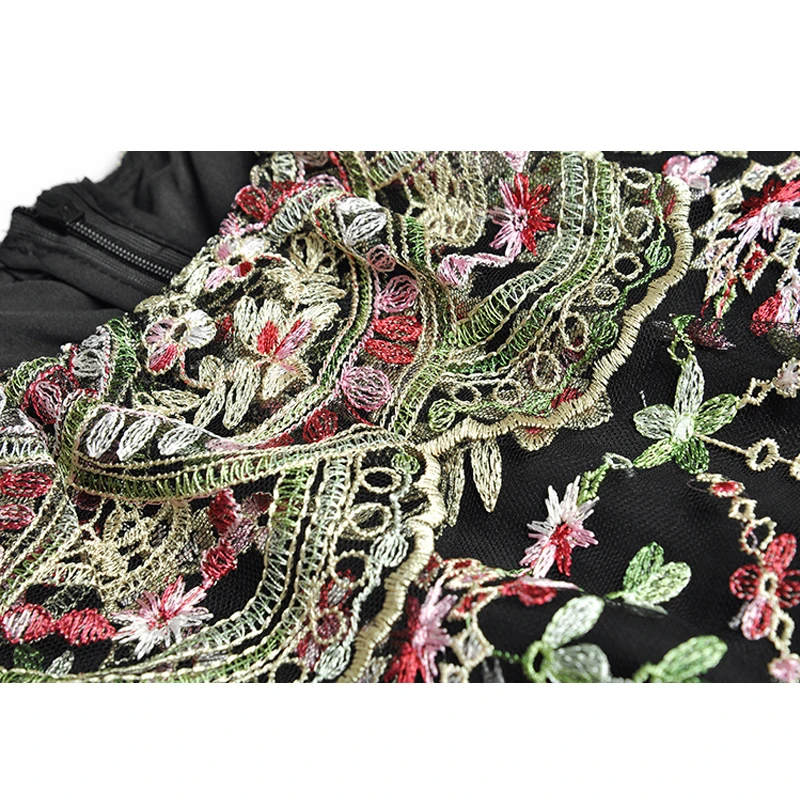 

SEQINYY Vintage Embroidery Dress Flowers 2020 Spring Autumn New Fashion Design Women Sexy Mesh Black Midi A-Line High Quality