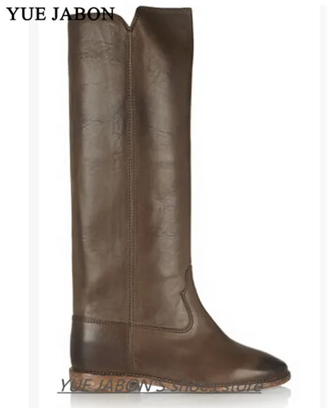 

YUE JABON 6CM High Boots Shoes Women Real Leather Winter Snow Shoes Straight Long Winter boots Height Increasing boots female