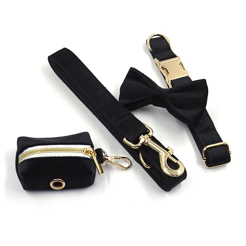 Black Velvet Dog Harness Personalized High Quality Durable Collar with Gold Metal Buckles Quick Release Pet and Leash | Дом и сад