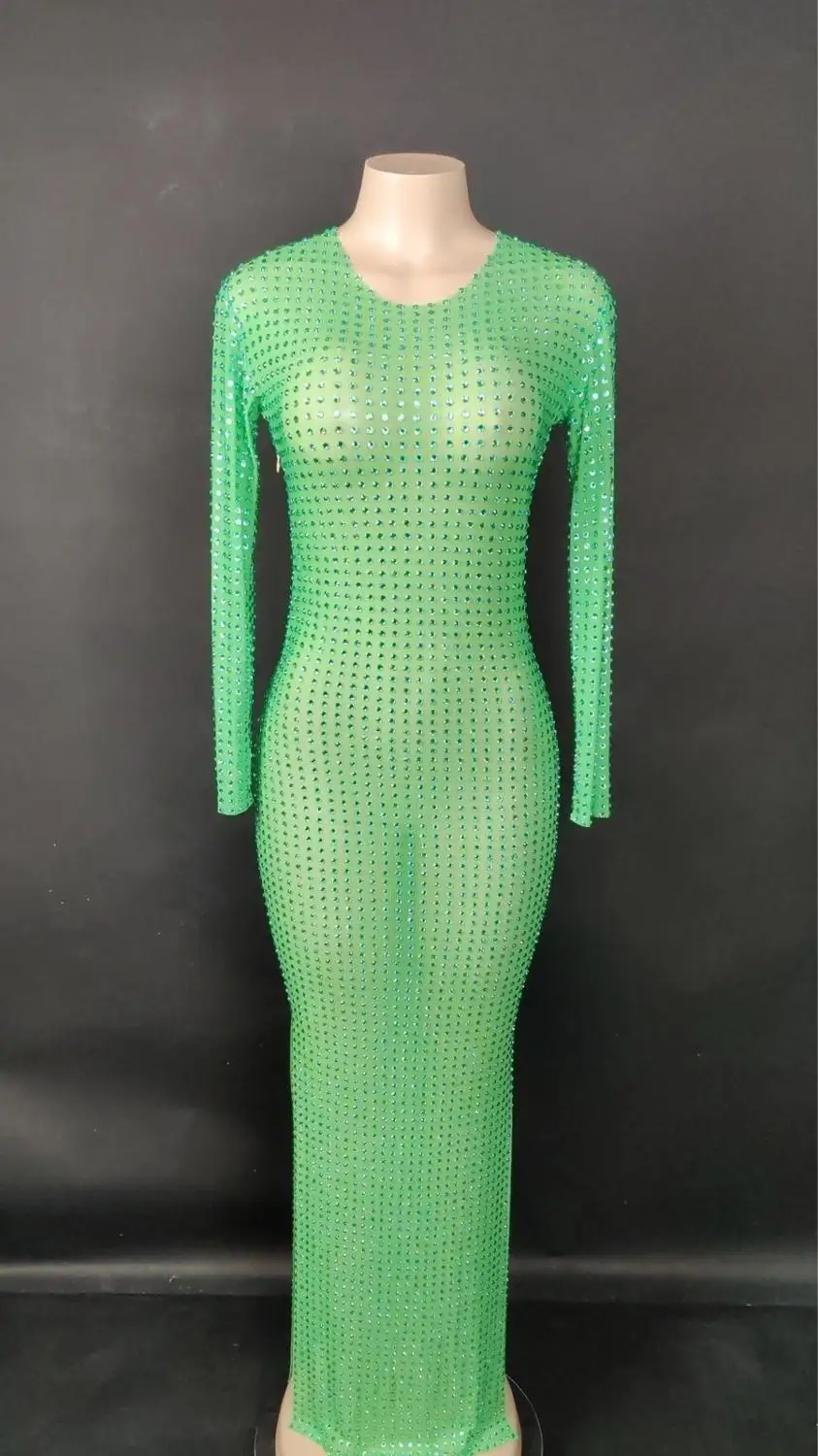 

Party Dress 2020 Long Sleeve Green Gauze Huge Elasticity Nightclub Bar Theatrical Performances Beautiful luxury Rhinestone Dress