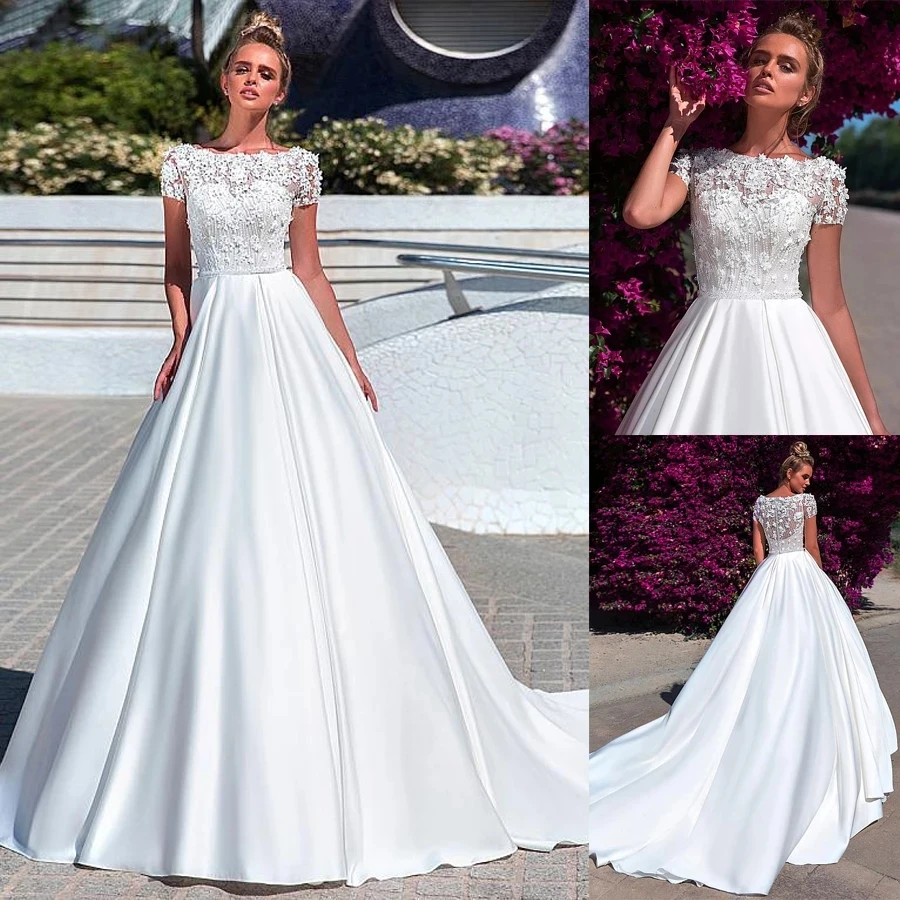

Amazing Satin Bateau Neckline A-line Wedding Dresses With Lace Appliques 3D Flowers Beadings Short Sleeves Bridal Gowns