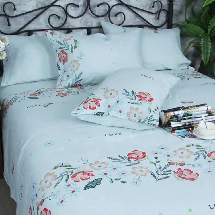 

100% Washed Linen Sheet Set Natural Printed France Bed Sheet Breatherable Soft Farmhouse Bedding(1 Flat Shee 2 Pillowcases)