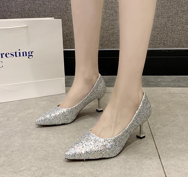 

Elegant ladies shinning glitter gold silver pumps sexy pointed toe high heels Fresh wedding party shoes woman comfortable U22-43