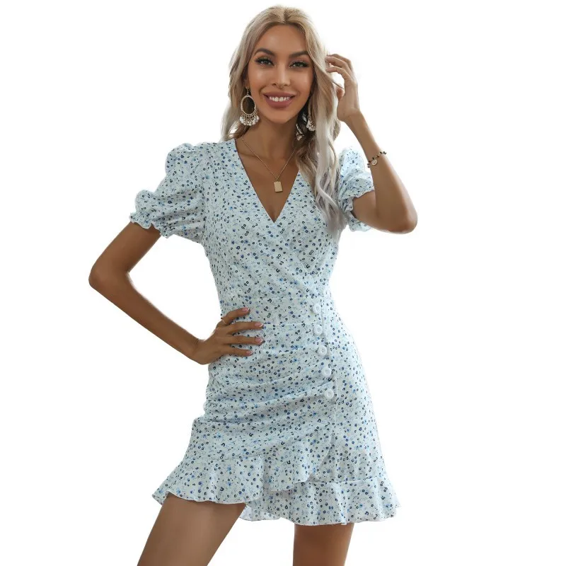 

2021 Summer Print Short Skirt Chiffon Floral A-line Skirt V-neck Slim Flare Sleeve Short Sleeve Dress Women's Clothing