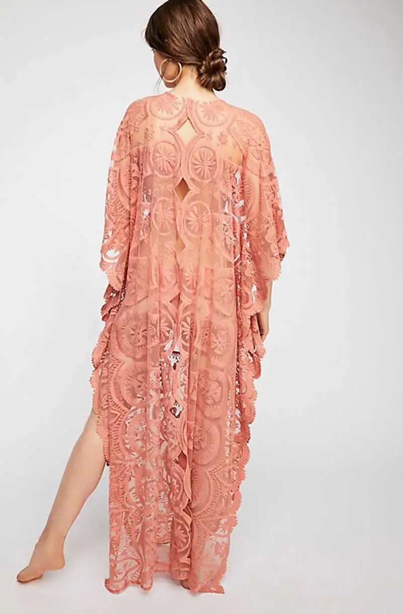 Богемный Вдохновленный кружева Кафтан Макси пляжное платье сетка вышивка