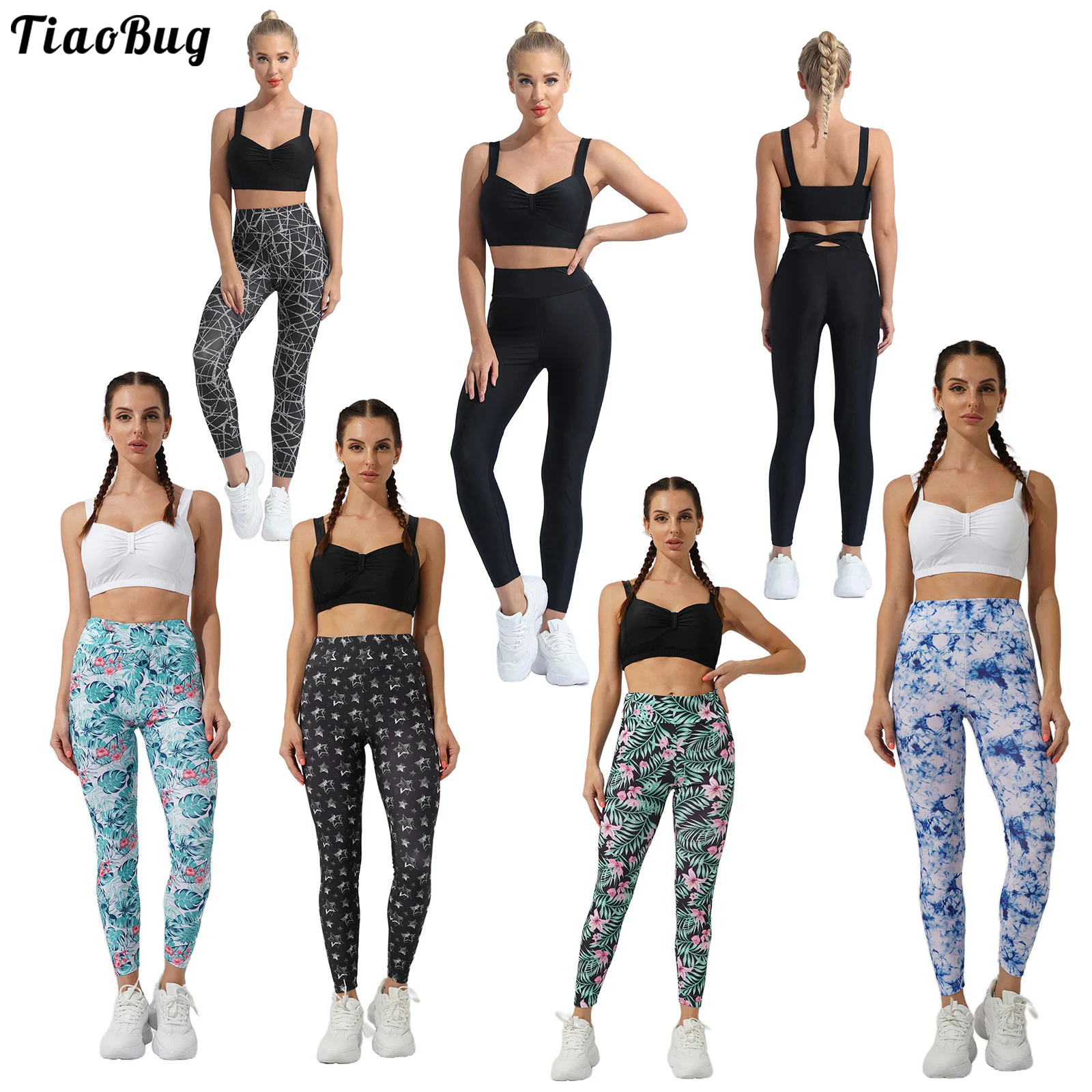 

TiaoBug Summer Women Floral Print Sweat Suit Tracksuit Wide Shoulder Straps Removable Padded Racer Back Vest With Leggings