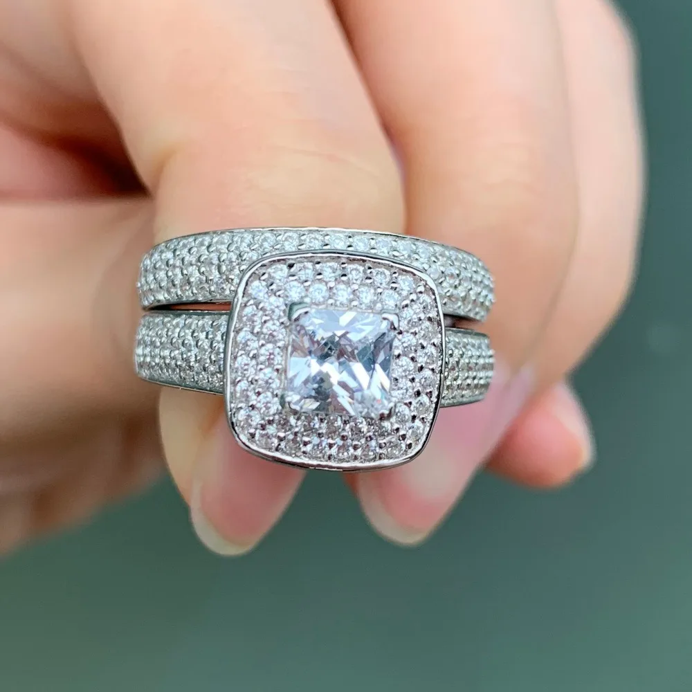 

Luxury 925 Sterling Silver Square Simulated Diamond Pave 134pcs Wedding Rings Sets for Women Jewelry Wholesale