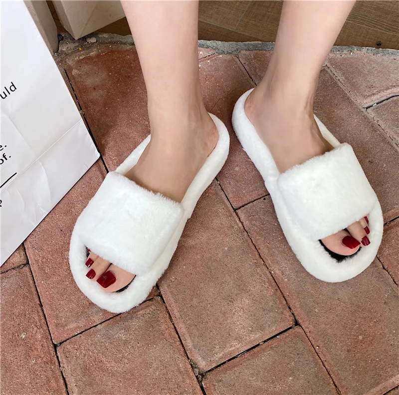 

Shoes Flock Cover Toe Winter Woman Slipper Pantofle Shallow Luxury Slides Fur Flip Flops 2021 Designer Massage Flat Plush Shearl