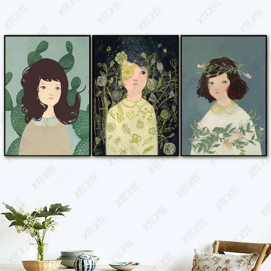 

Girl Character Portrait Canvas Painting Poster Wearing Flower Wreath Nordic Style Wallpaper Picture Print Decoration Bedroom