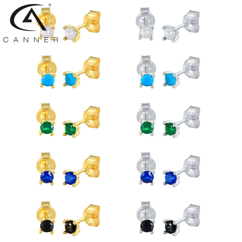 

CANNER Real 925 Sterling Silver Colored Zircon Stud Earrings Women ear bone nail Mini Piercing Earring Simple Jewelry Pendientes