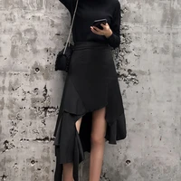 korean elegant ol all match skirts for women solid chic bottoms 2021 womens summer high waist irregular black fishtail skirt