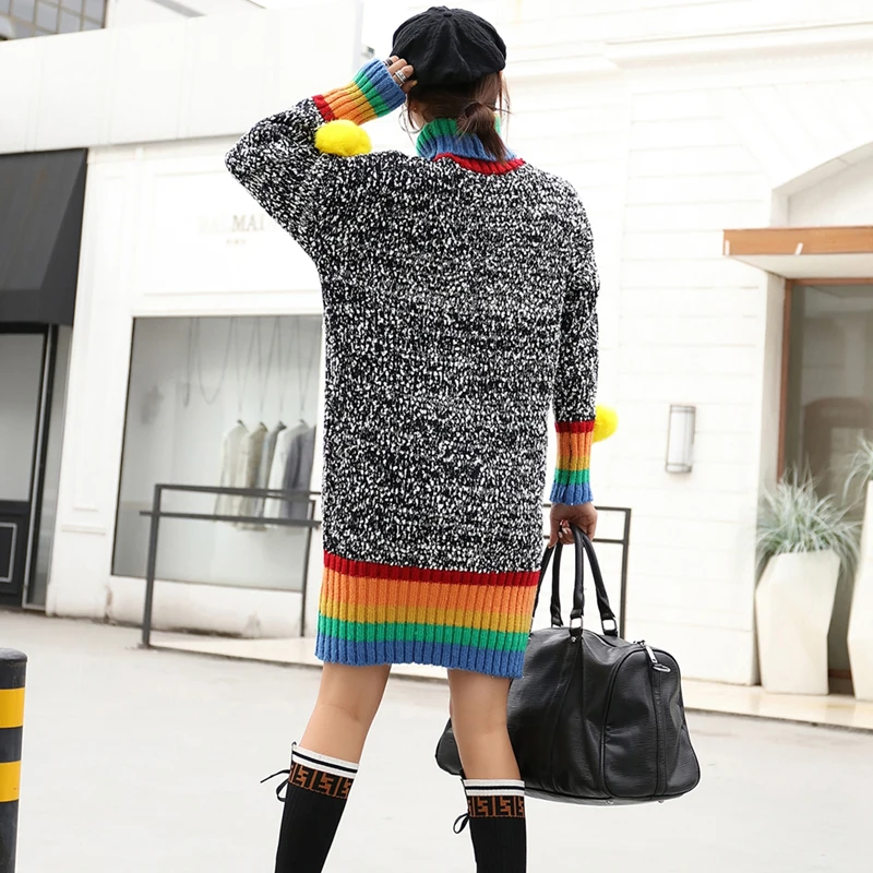 Осенне-зимний свитер с высоким воротником Женский Длинный рисунком радуги и
