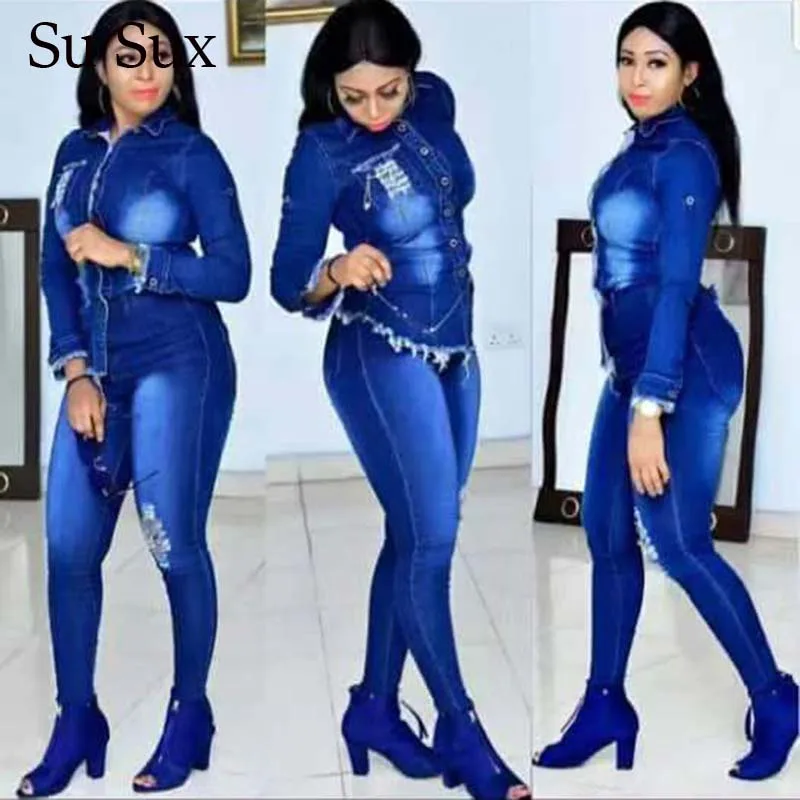 Женский Повседневный джинсовый костюм Синий Облегающий из двух предметов топ с