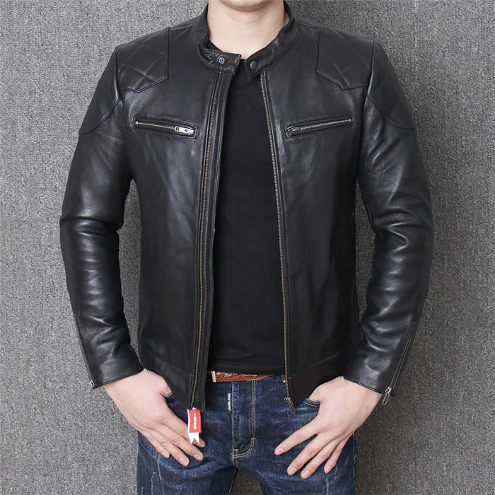 

New Genuine Men Real Sheepskin Motorcycle Biker Leather Jacket Casual Male Winter Outerwear Plus Size