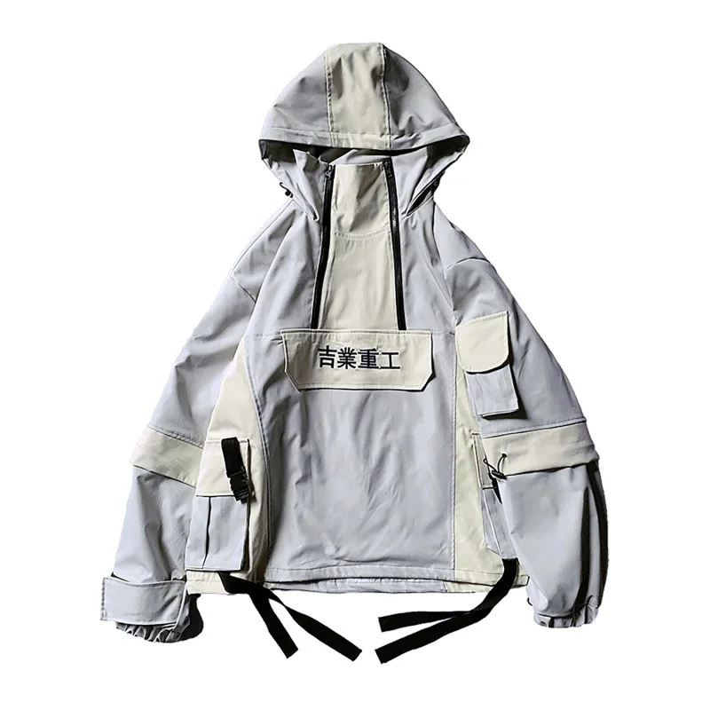Techwear Patchwork Hip Hop Streetwear Hoody Men Hit Block Color Mulit-Pocket Harajuku Hooded Jackets Coats Oversized Windbreaker