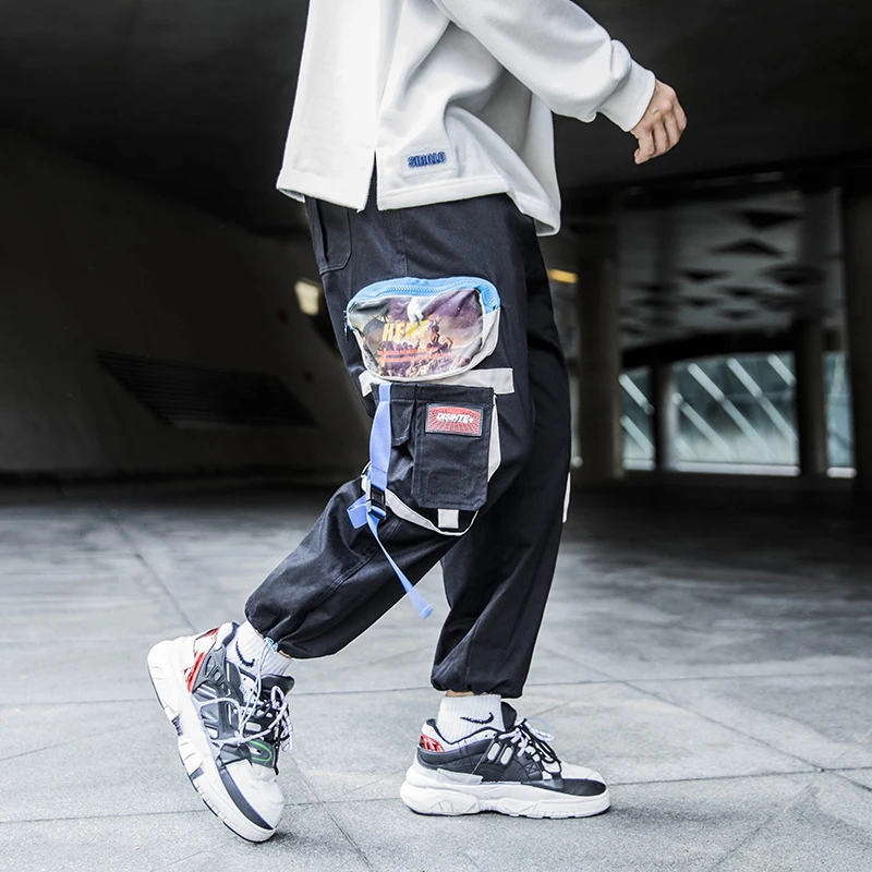 Мужские спортивные брюки-карго черные повседневные штаны с множеством карманов