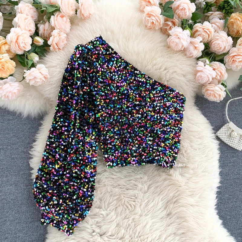 

Sexy Goddess Skew Collar Off Shoulder Tops Unilateral Puff Sleeve Slim Short Tee Women Bling Sequin Top