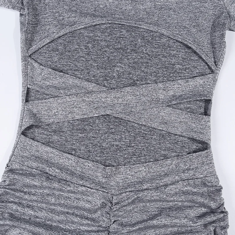 

BacklakeGirls Sexy Criss Cross Back High Waist Cocktail Dress Sexy U Neck Slim Pleated T Shirt Dress Gray Black Casual Vestidos