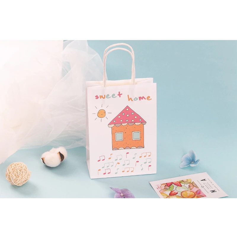10Pcs Kawaii Cartoon Kraft Paper Bag White Shopping Bags with animal house DIY Multifunction Recyclable With Handles | Дом и сад