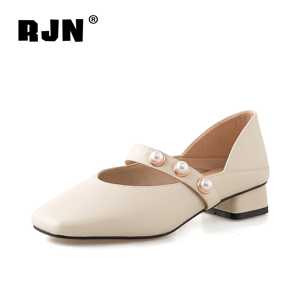

RJN New Elegant Lady Pumps Classic Square Toe Pearl Decoration High Quality Cow Leather Women Shoes Stylish Low-heel Pumps RO270
