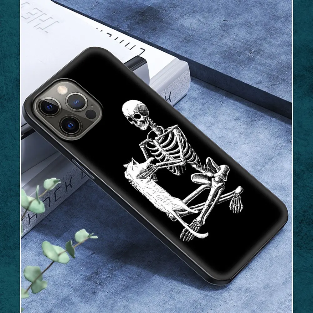 

Phone Case For iPhone 11 12 Pro XS Max 8 7 Plus X XR Silicone Soft TPU Black Shell Back Cover Coque Cases Fundas Funny Skull Cat