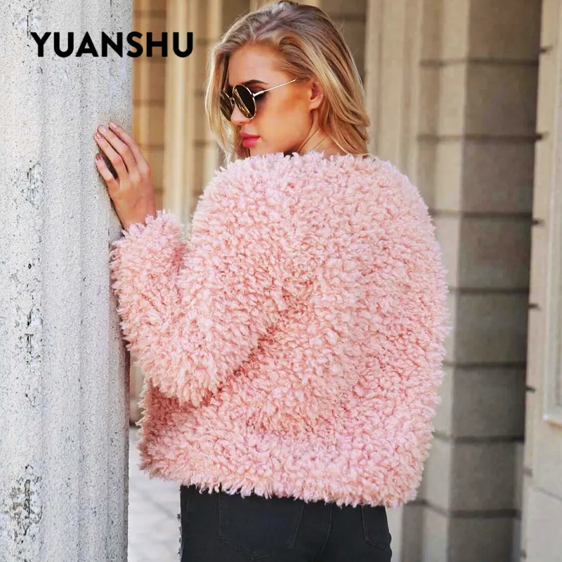 

YUANSHU 2019 Winter Curly Faux Fur Teddy Coat Women Pink Furry Fur Jacket Warm Fluffy Open Stitch Female Short Outerwear Coats