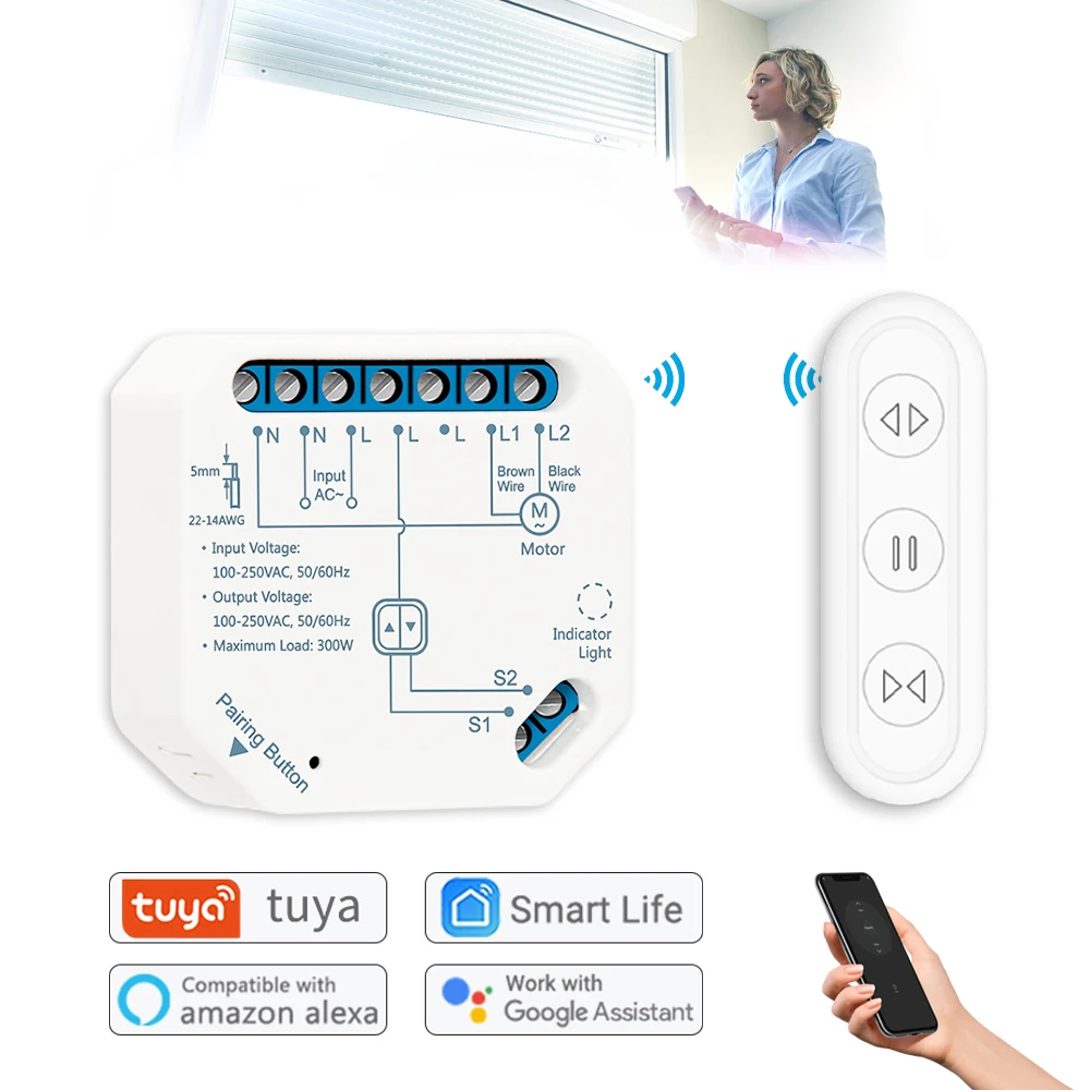 

Tuya Smart Life Wifi Curtain Switch for Motorized Rolling Shutters works with Google Assistant and Echo Alexa Voice Control